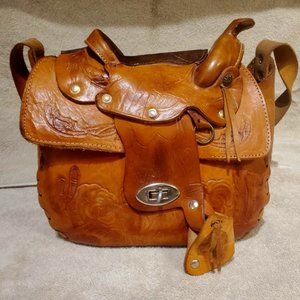 Vintage Genuine Leather Hand Tooled Saddle Purse Made in Mexico